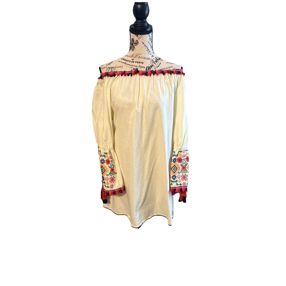Velzera Beige Cold Shoulder Small Boho Dress Tassels Embroider Boho Chic Western